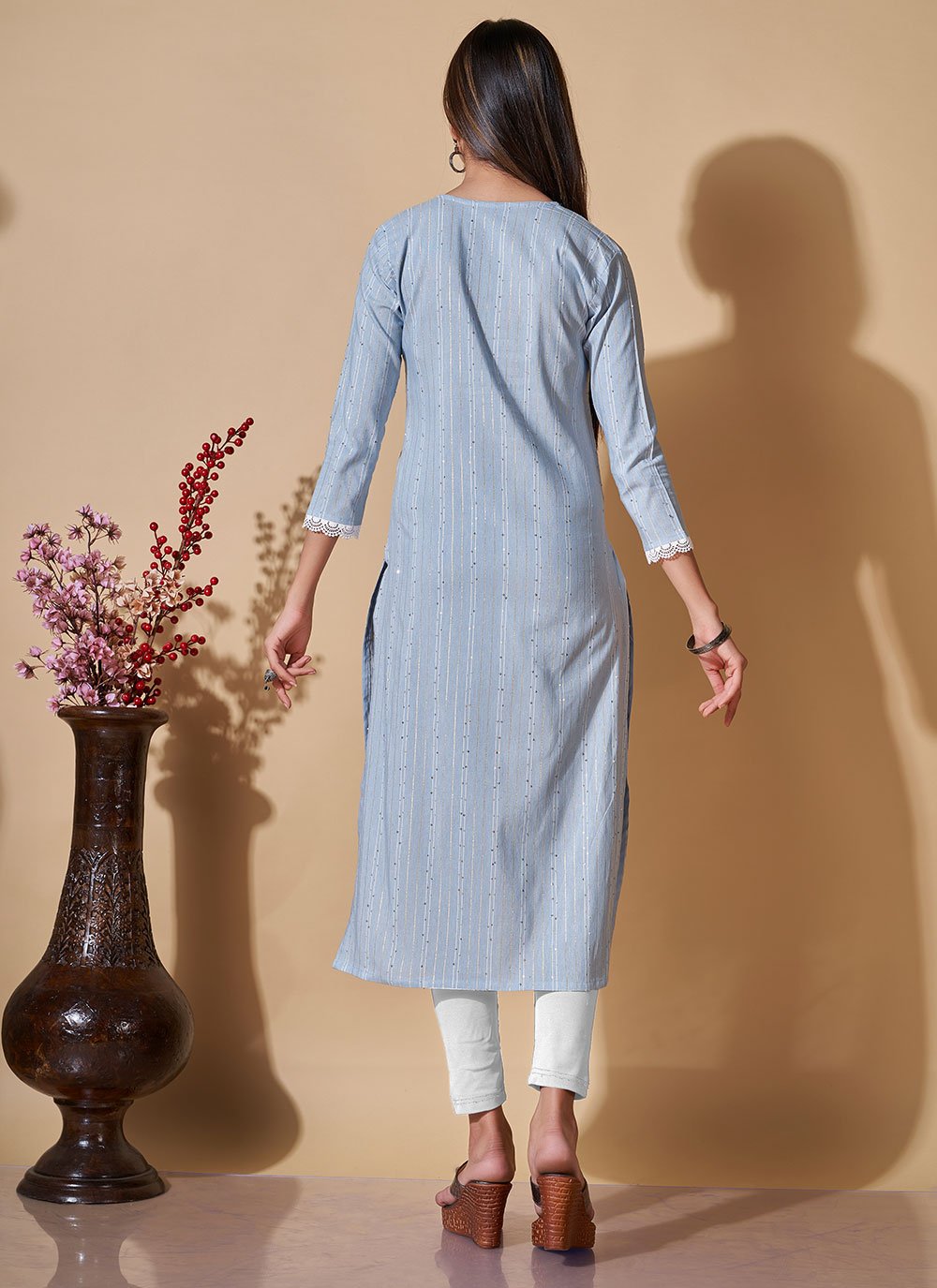 Designer Kurti Cotton Blue Sequins Kurtis