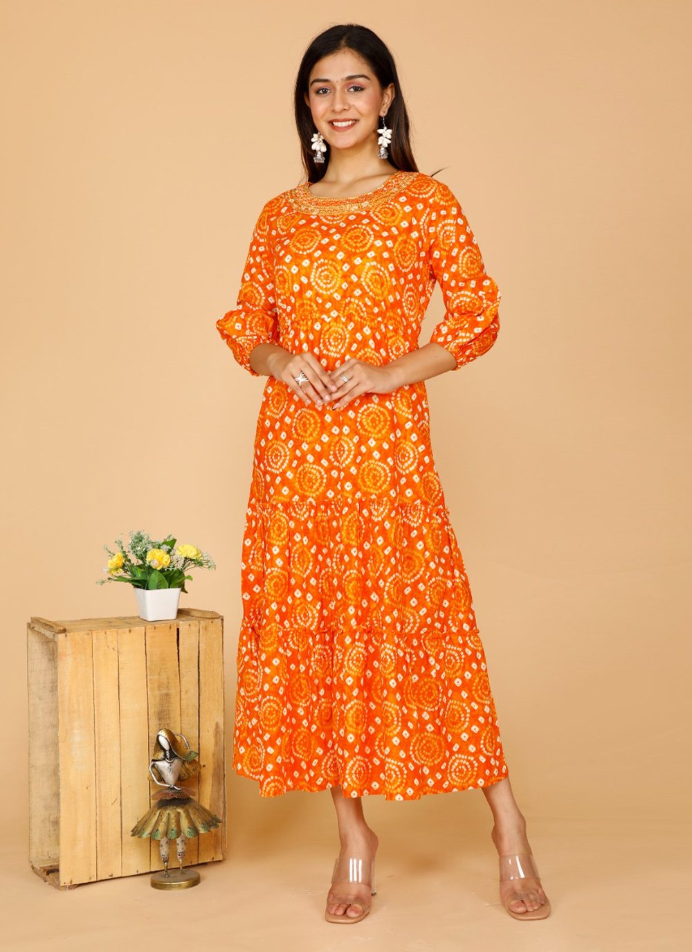 Designer Kurti Cotton Orange Print Kurtis