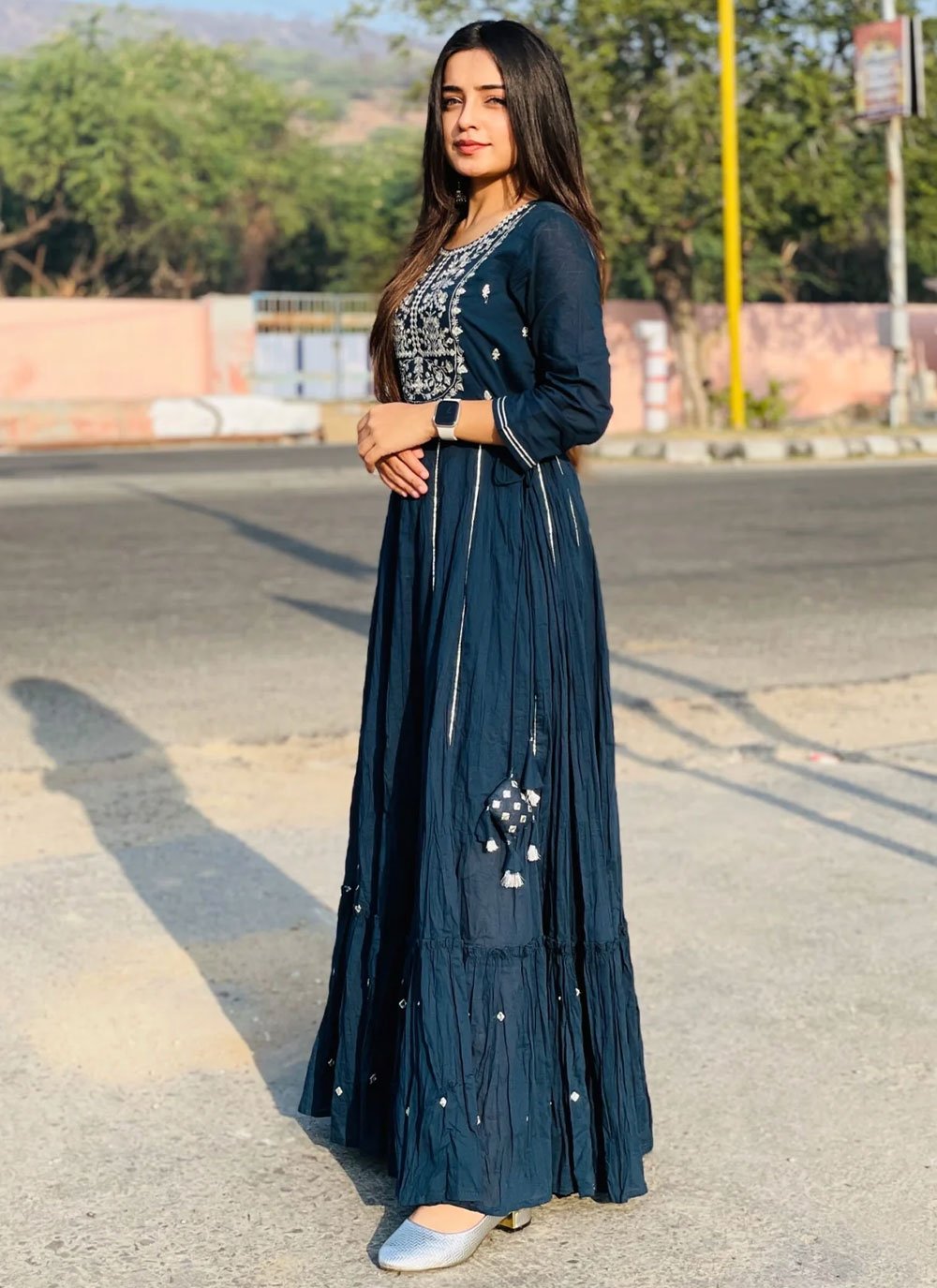 Gown Cotton Blue Embroidered Gown