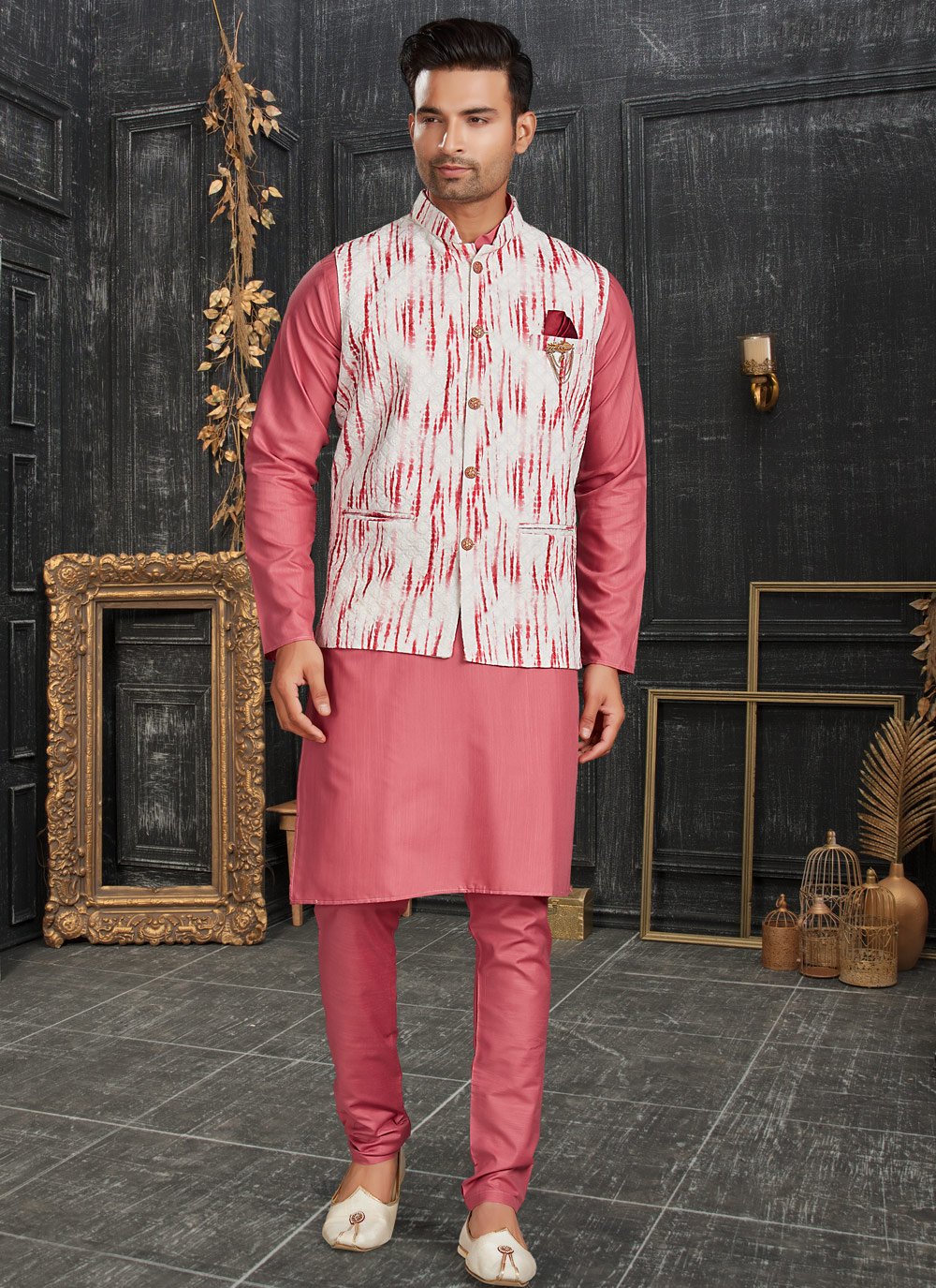 Kurta Payjama With Jacket Cotton Off White Pink Chicken Mens
