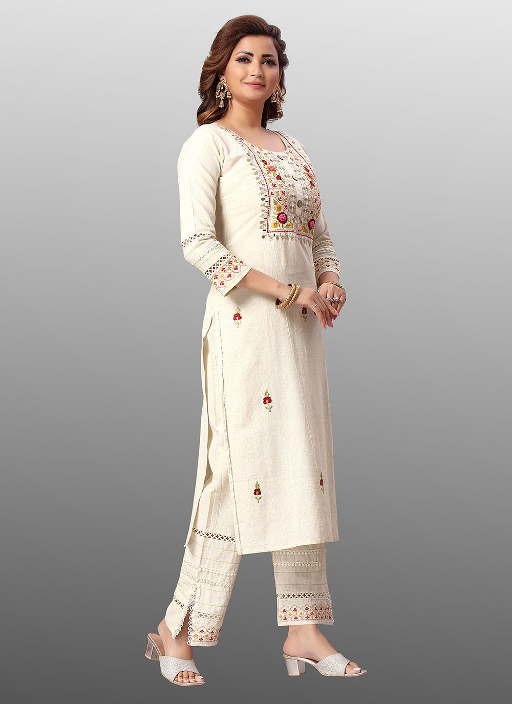 Designer Kurti Cotton Off White Embroidered Kurtis