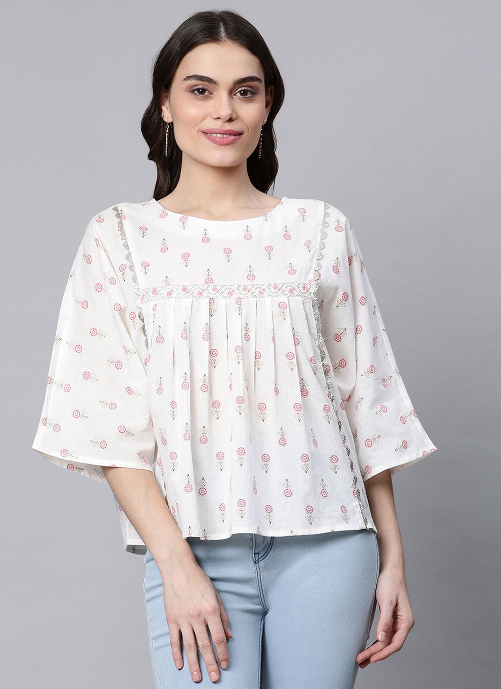 Designer Kurti Cotton Off White Floral Patch Kurtis