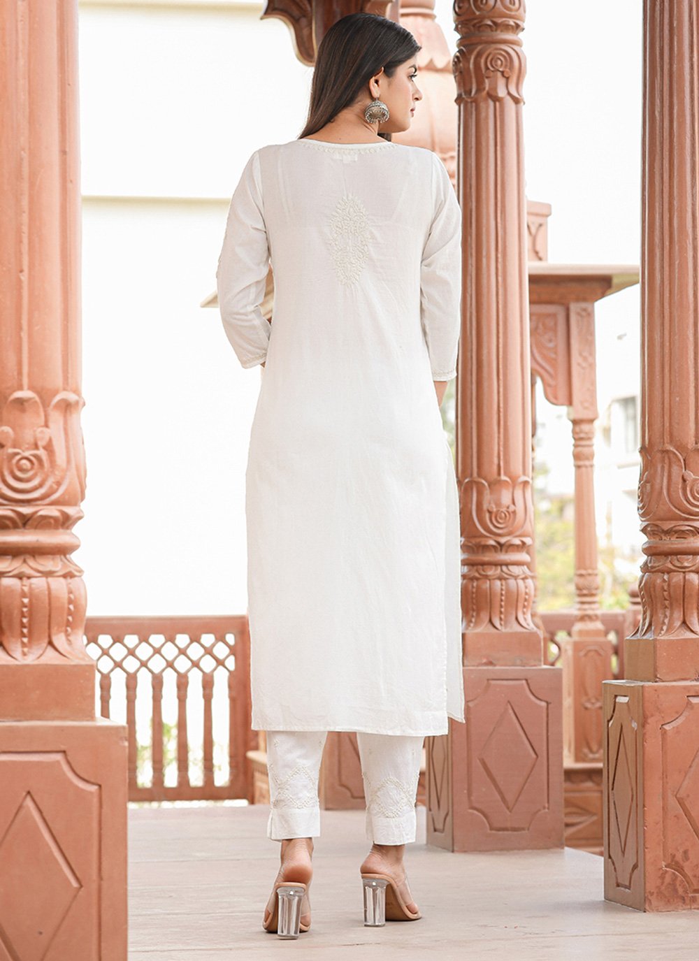 Pant Style Suit Cotton Off White Lucknowi Work Salwar Kameez