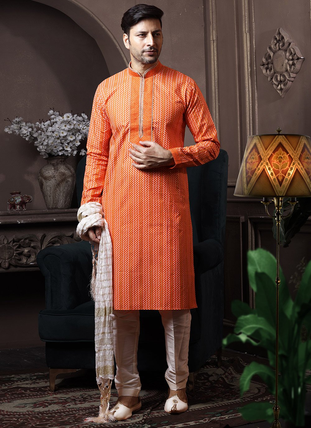 Kurta Pyjama Cotton Orange Print Mens