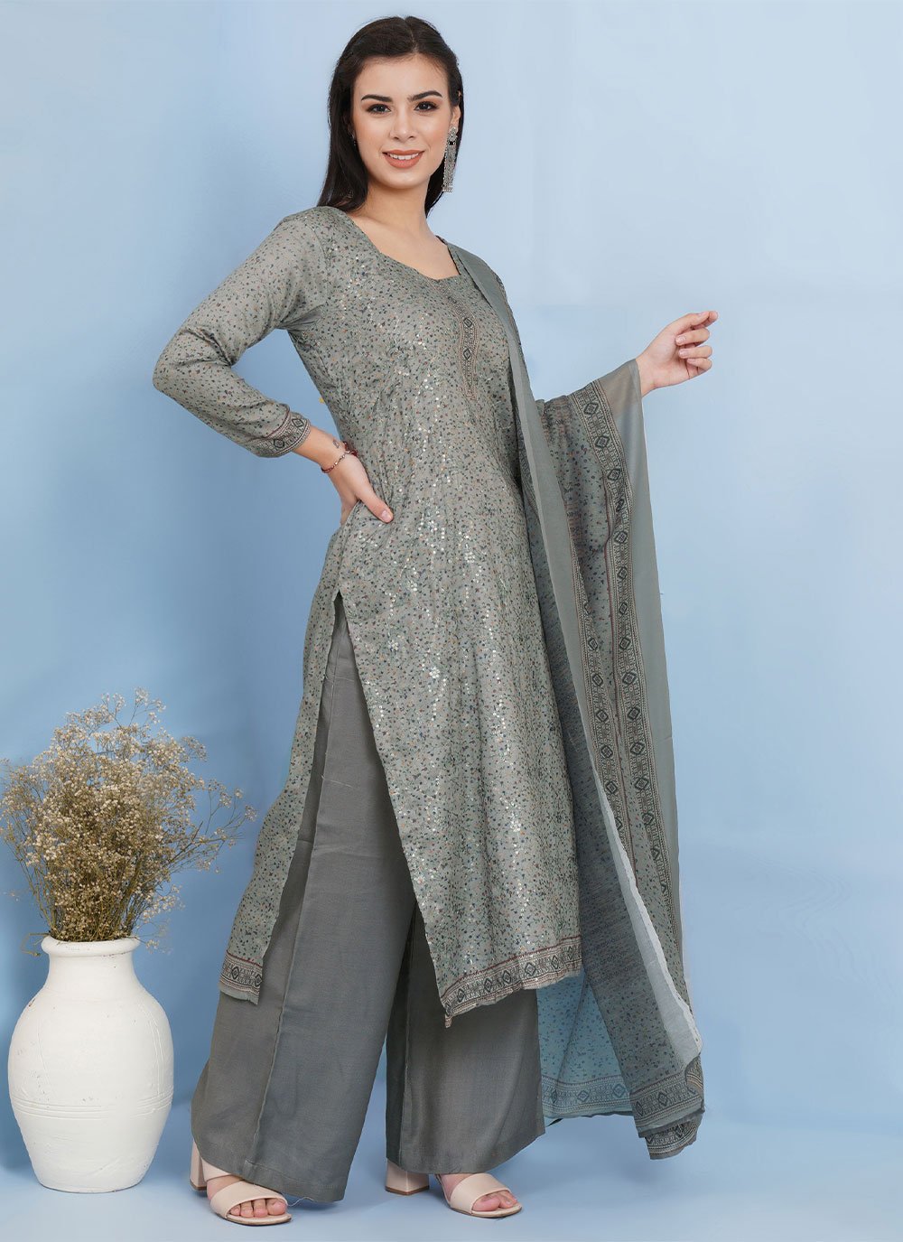 Palazzo Salwar Suit Cotton Grey Digital Print Salwar Kameez