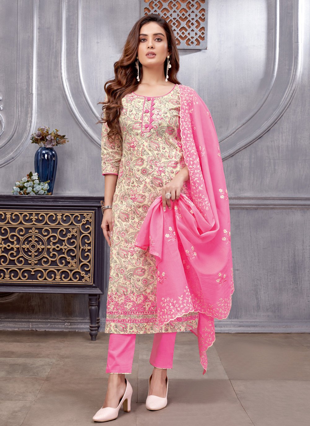 Pant Style Suit Cotton Cream Embroidered Salwar Kameez – Kajols