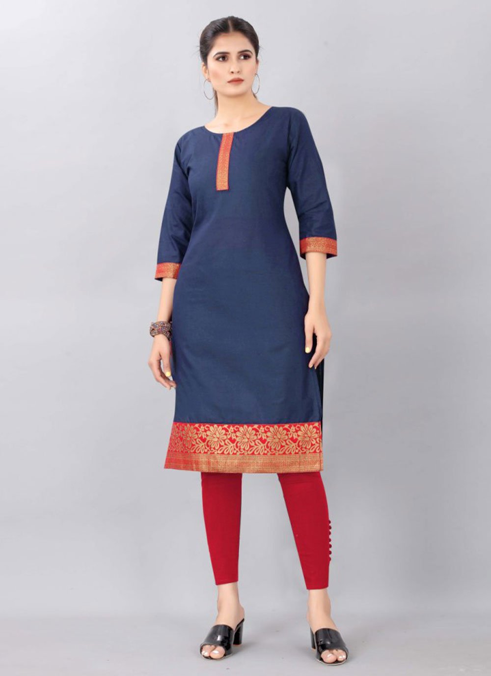 Casual Kurti Cotton Blue Jacquard Work Kurtis