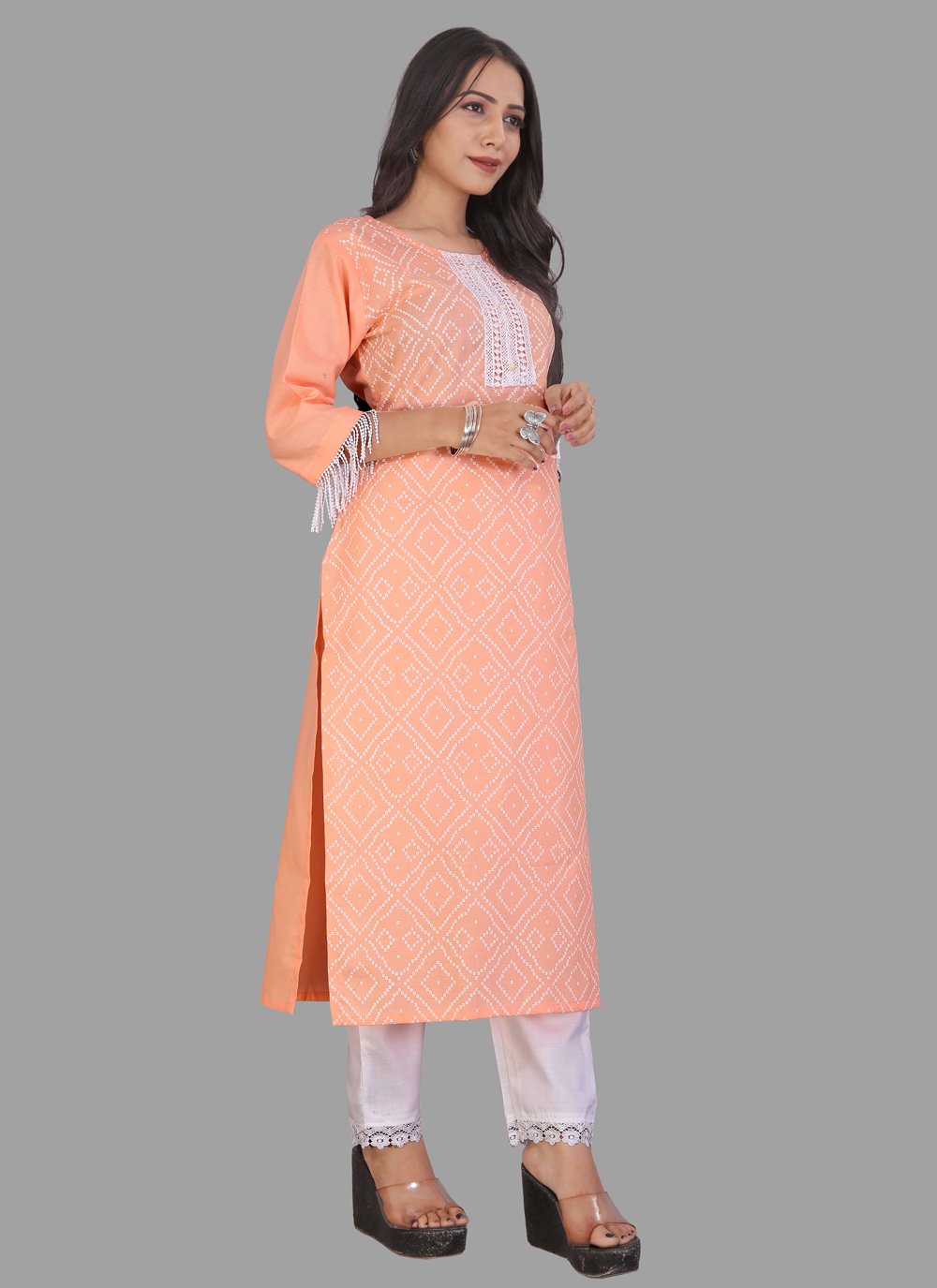 Designer Kurti Cotton Peach Embroidered Kurtis