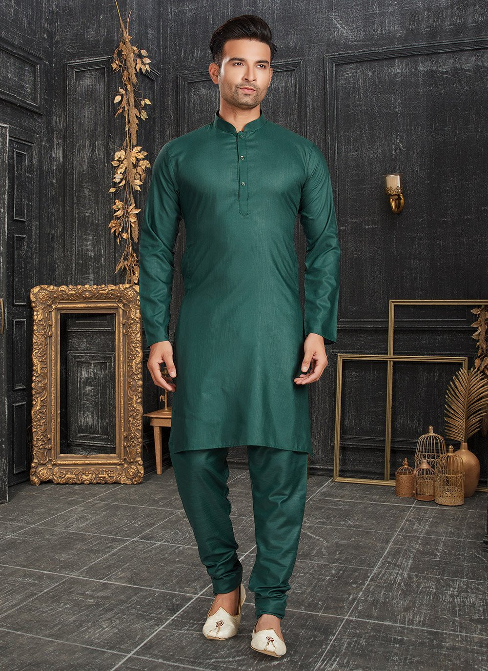 Kurta Pyjama Cotton Green Plain Mens