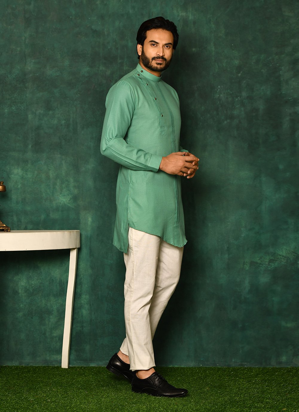 Short Kurta Cotton Green Plain Mens
