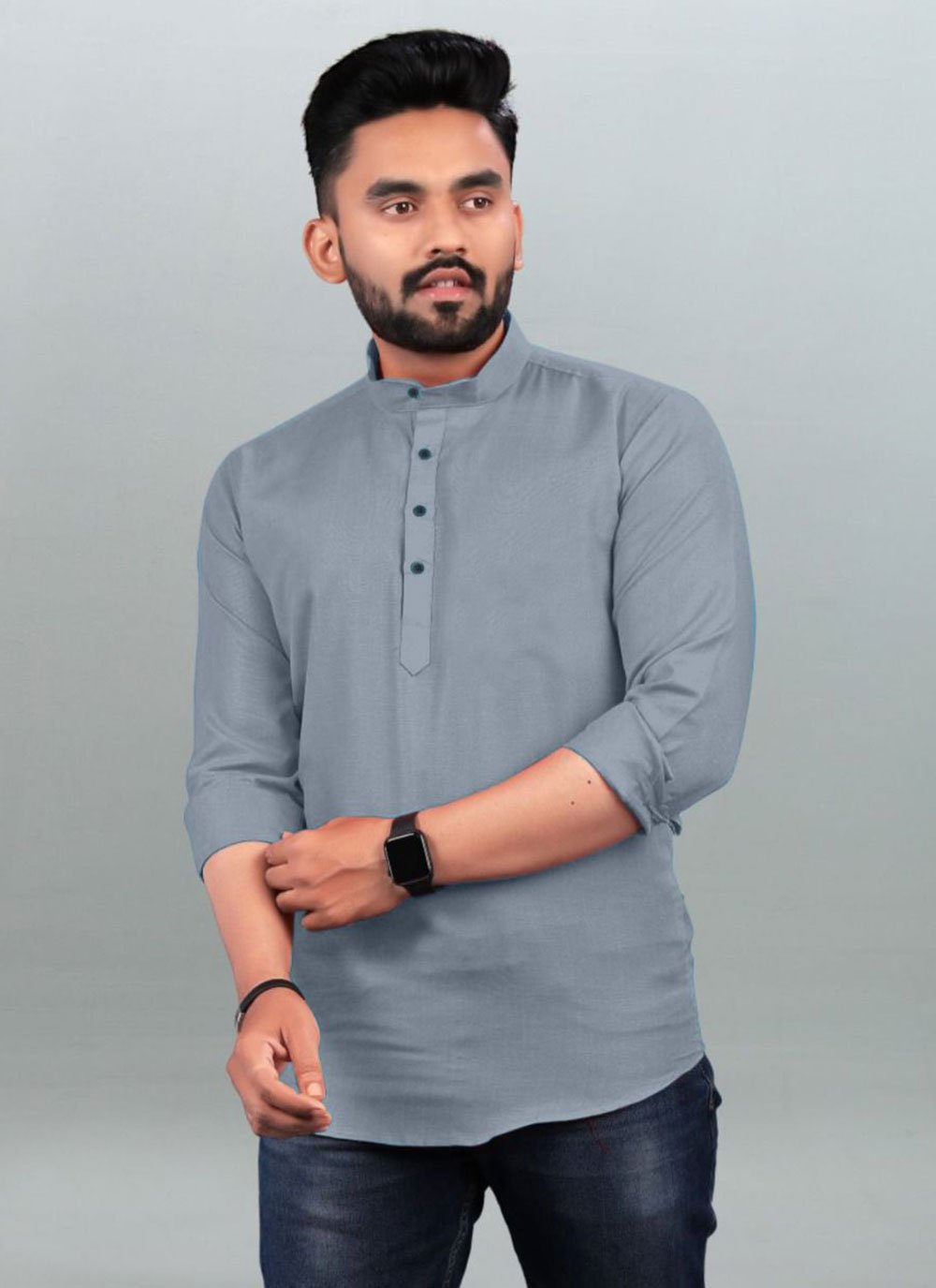 Short Kurta Cotton Grey Plain Mens