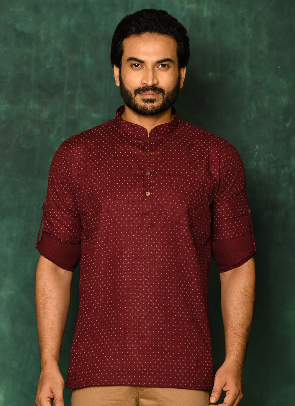 Short Kurta Cotton Maroon Plain Mens