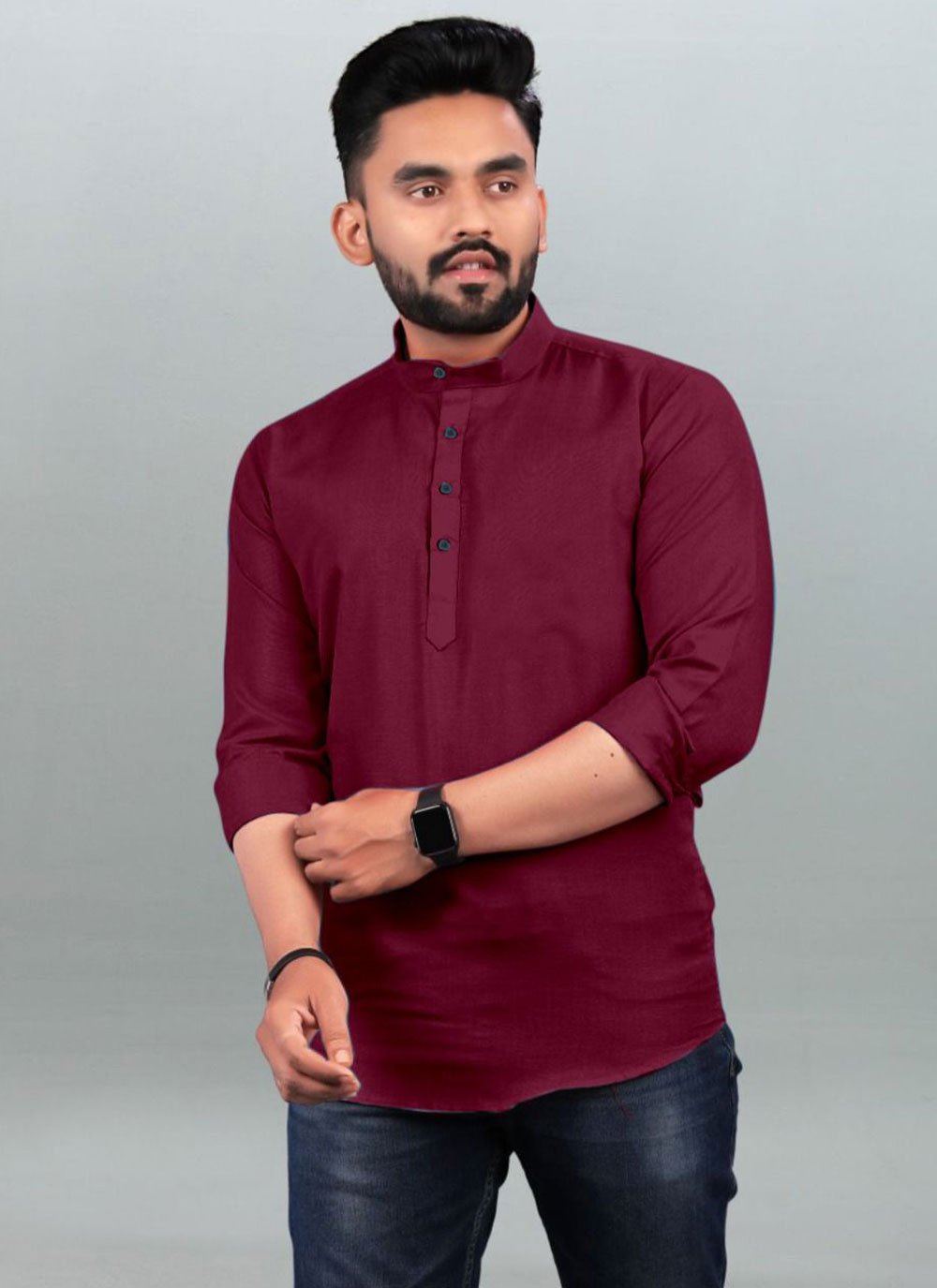Short Kurta Cotton Maroon Plain Mens