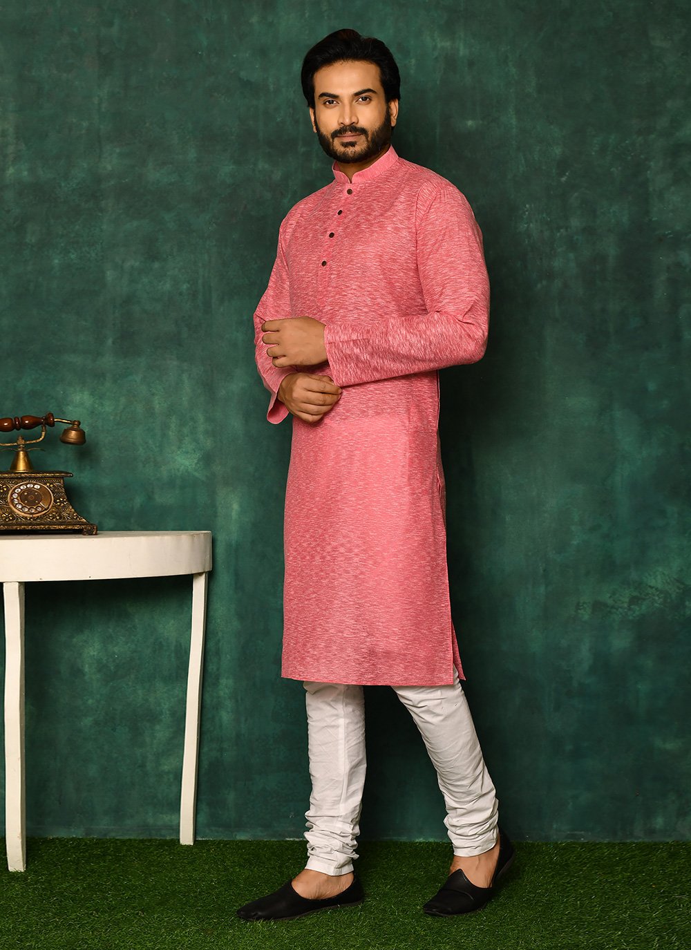Kurta Pyjama Cotton Pink Plain Mens