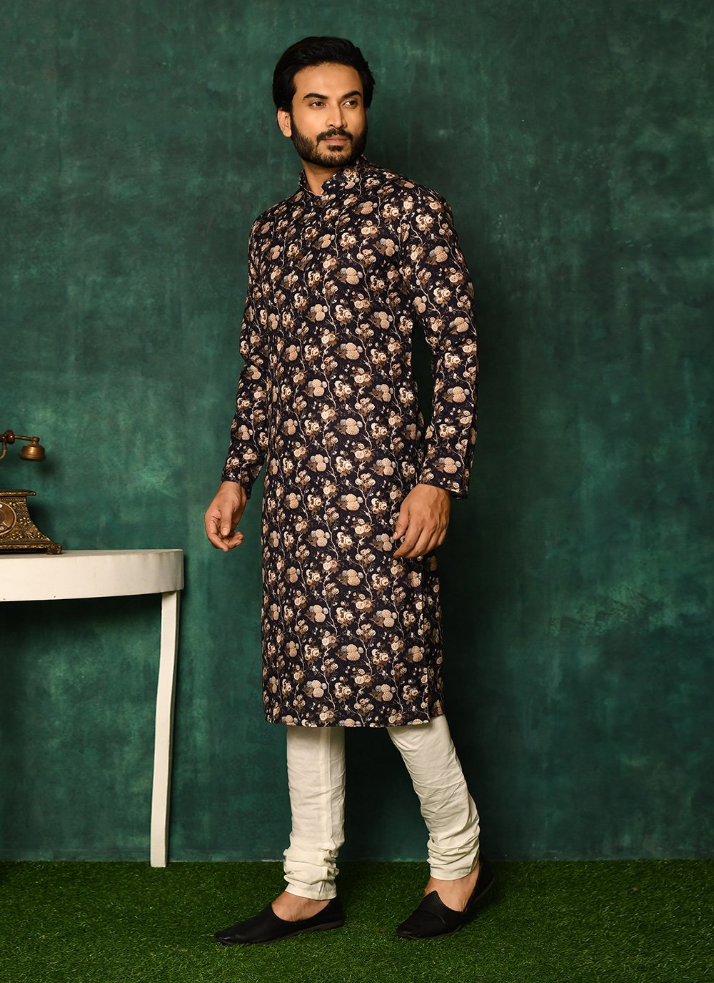 Kurta Pyjama Cotton Black Print Mens
