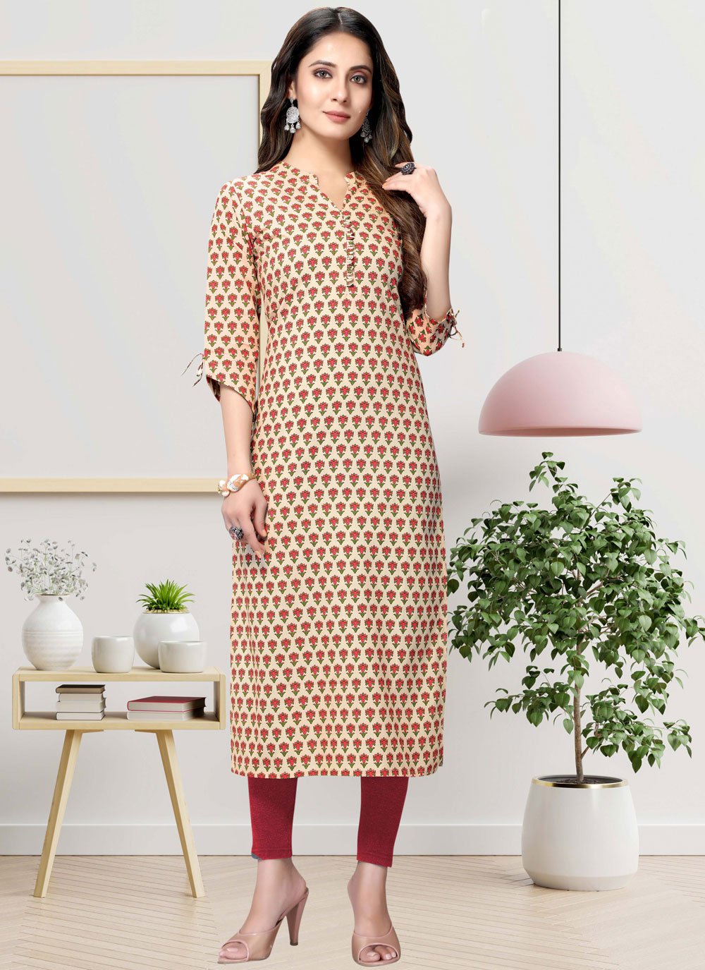 Party Wear Kurti Cotton Cream Print Kurtis