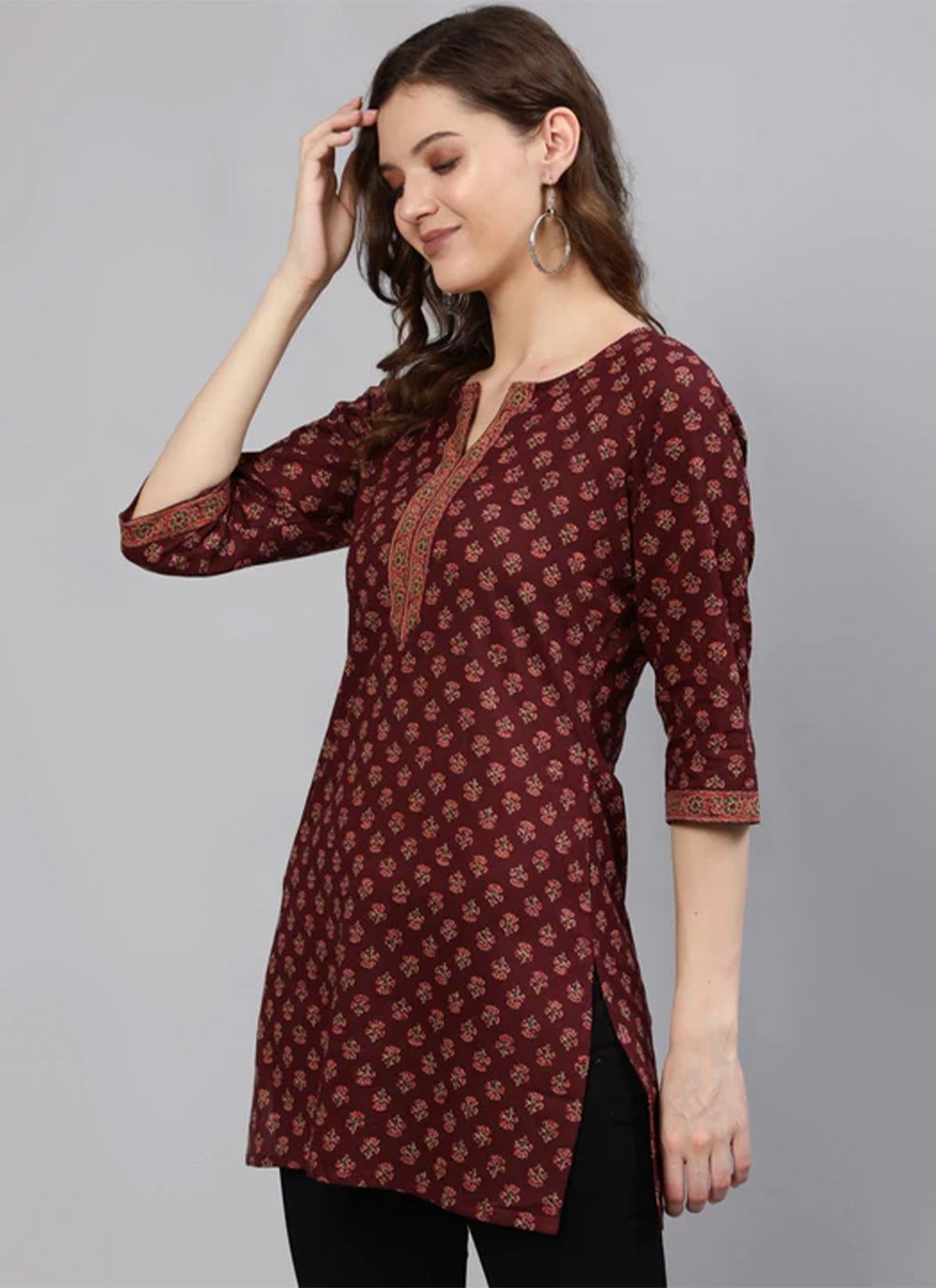 Designer Kurti Cotton Maroon Print Kurtis