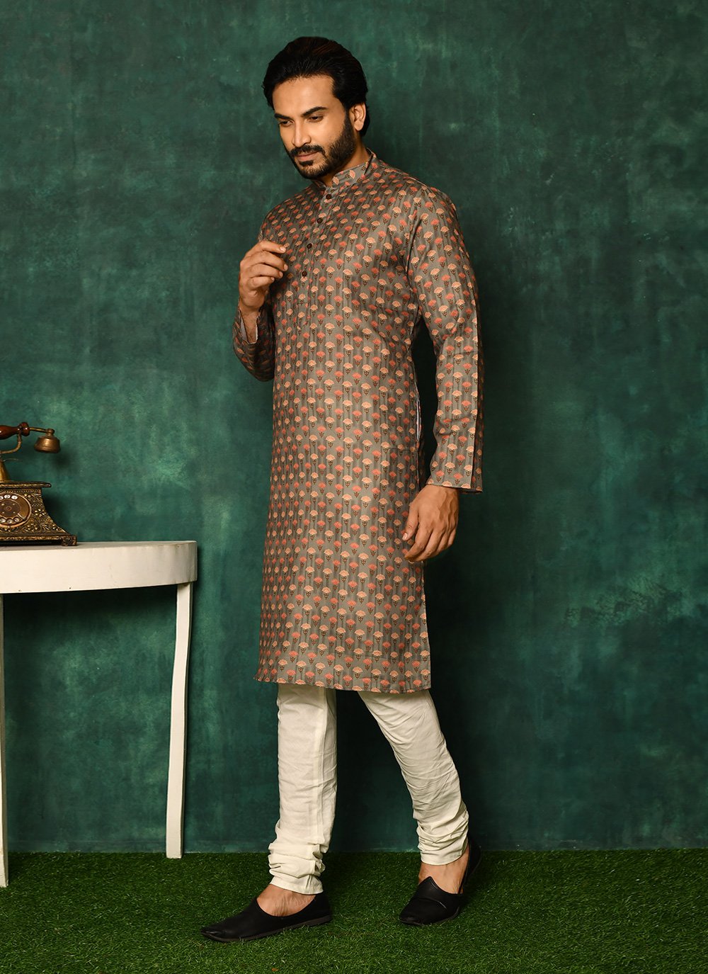 Kurta Pyjama Cotton Green Print Mens