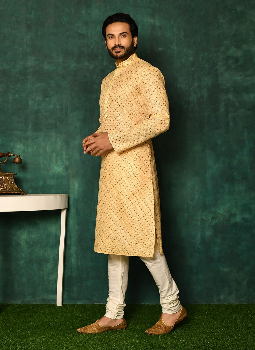 Kurta Pyjama Cotton Yellow Print Mens