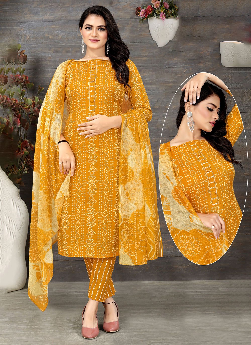 Salwar Suit Cotton Mustard Print Salwar Kameez