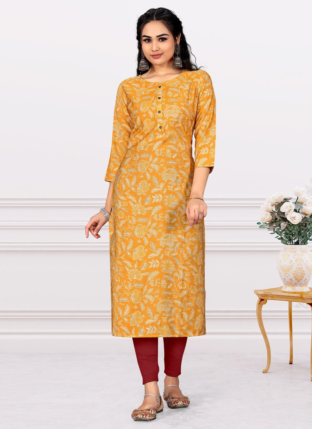 Party Wear Kurti Cotton Orange Print Kurtis