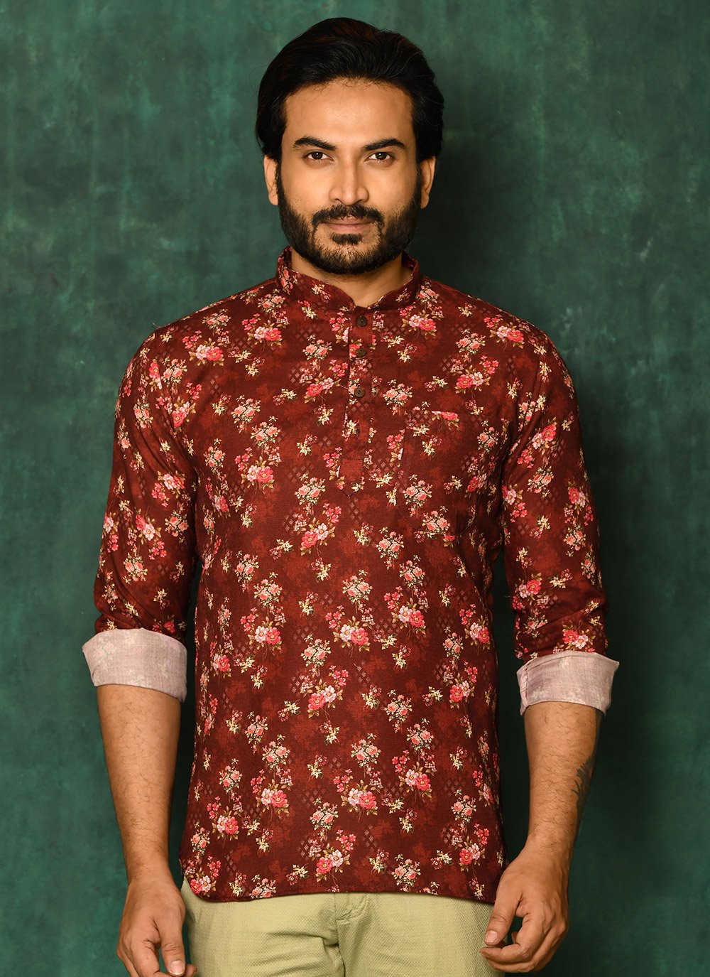 Short Kurta Cotton Red Print Mens