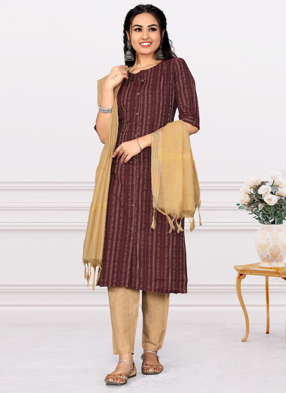 Straight Salwar Suit Cotton Wine Print Salwar Kameez