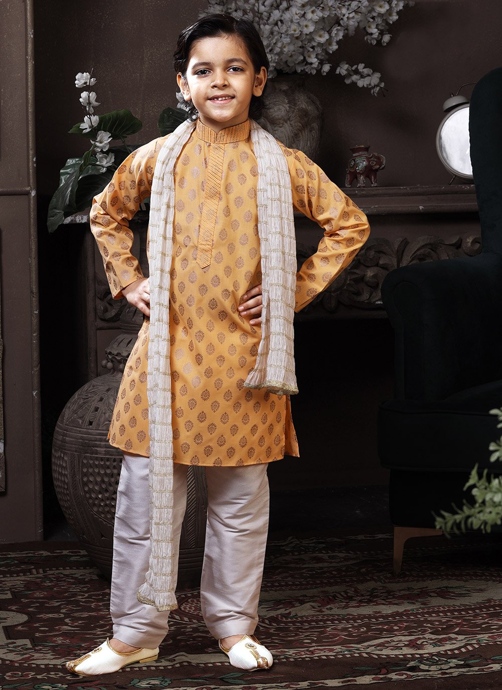 Kurta Pyjama Cotton Yellow Print Kids
