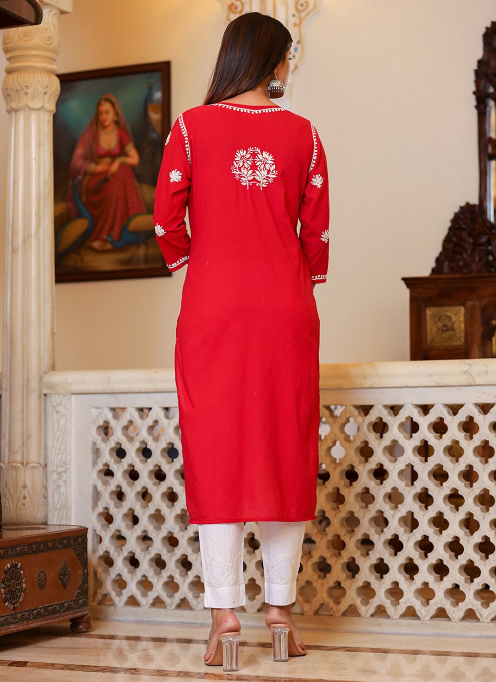 Anarkali Suit Cotton Red Lucknowi Work Salwar Kameez