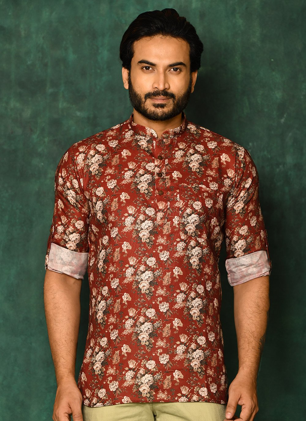 Short Kurta Cotton Red Print Mens
