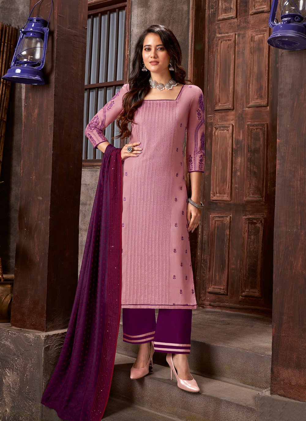 Palazzo Salwar Suit Cotton Satin Purple Embroidered Salwar Kameez