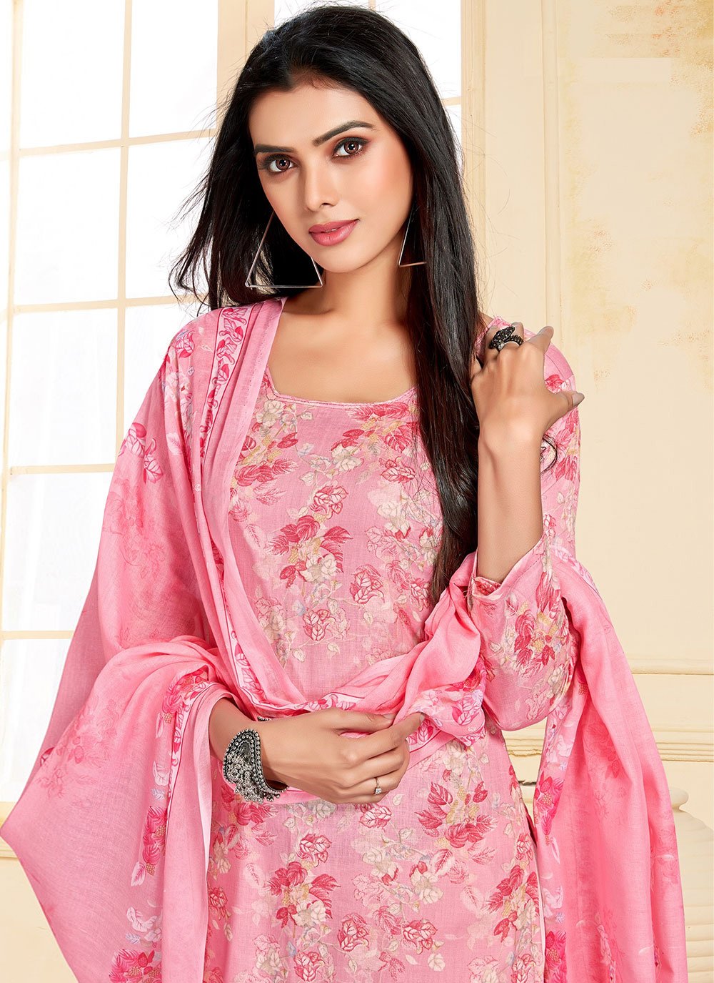 Pant Style Suit Cotton Satin Pink Print Salwar Kameez