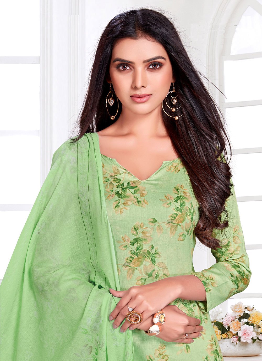 Salwar Suit Cotton Satin Green Floral Patch Salwar Kameez