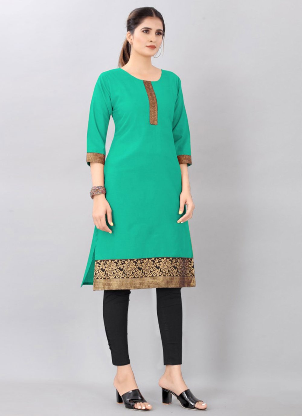 Party Wear Kurti Cotton Sea Green Jacquard Work Kurtis