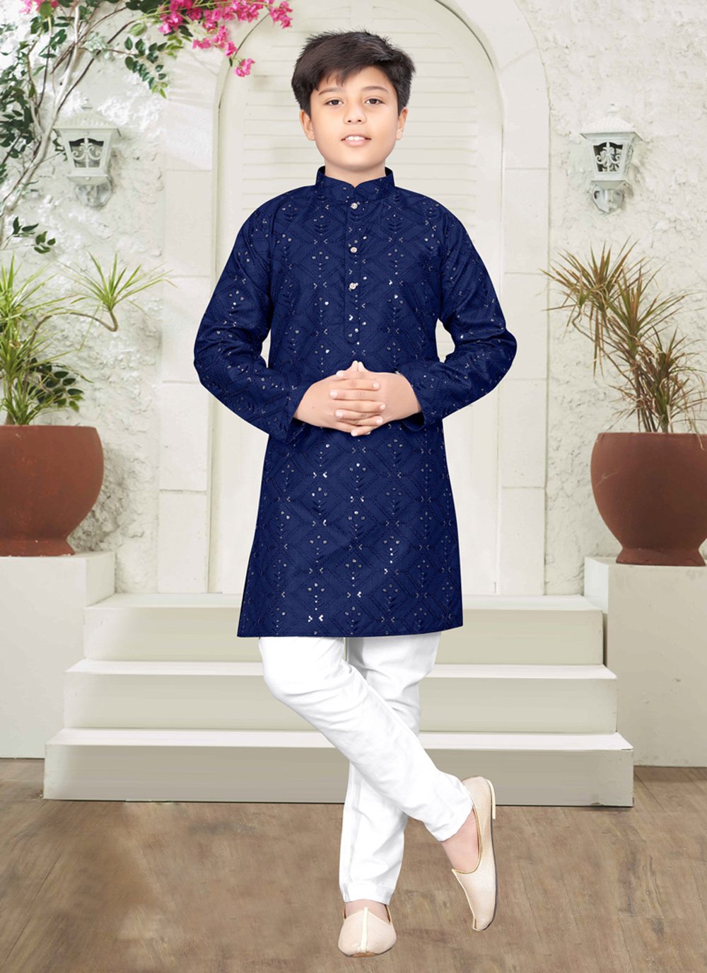 Kurta Pyjama Cotton Blue Embroidered Kids