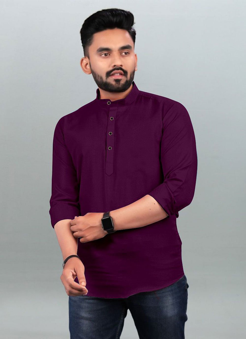 Short Kurta Cotton Purple Plain Mens
