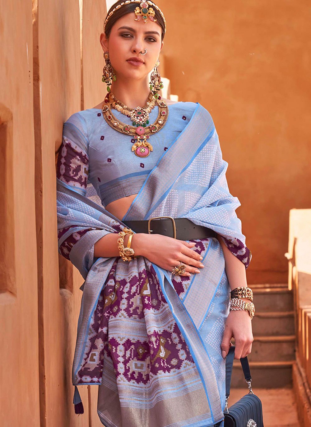 Trendy Saree Cotton Silk Aqua Blue Foil Print Saree