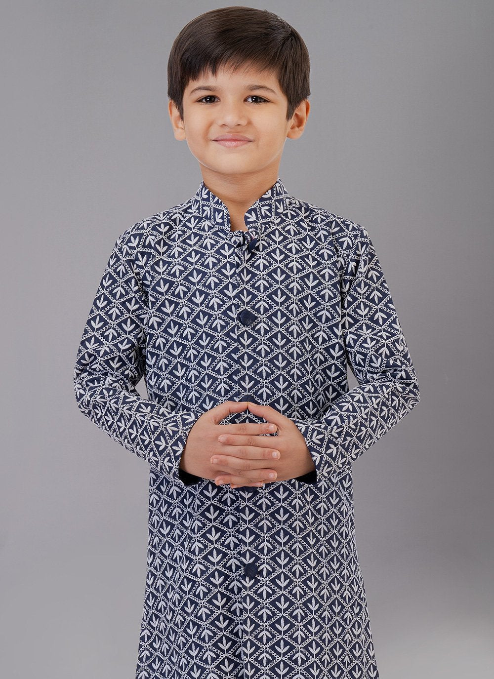 Kurta Pyjama Cotton Silk Blue Embroidered Kids