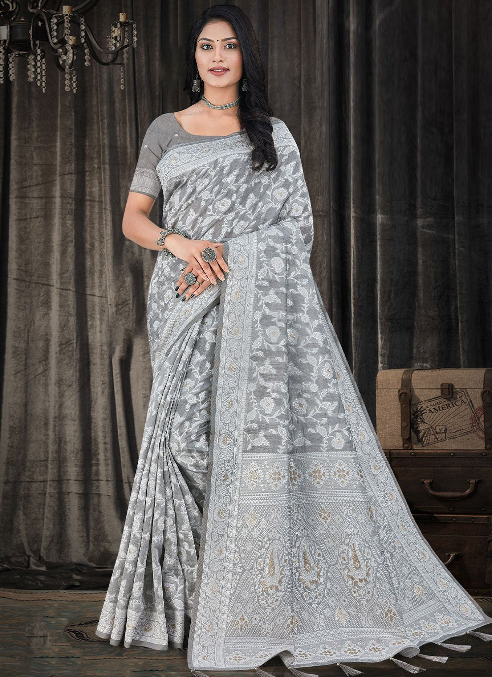 Indian /Pakistani grey sold cotton silk saree or sari