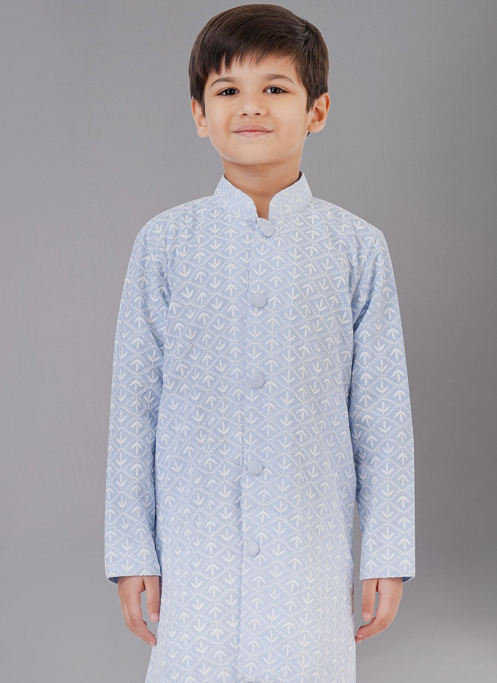 Kurta Pyjama Cotton Silk Grey Embroidered Kids