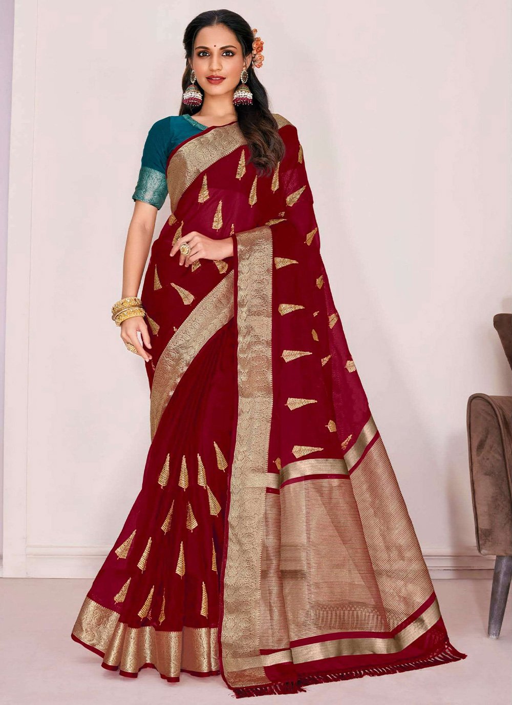 Contemporary Cotton Silk Maroon Woven Saree