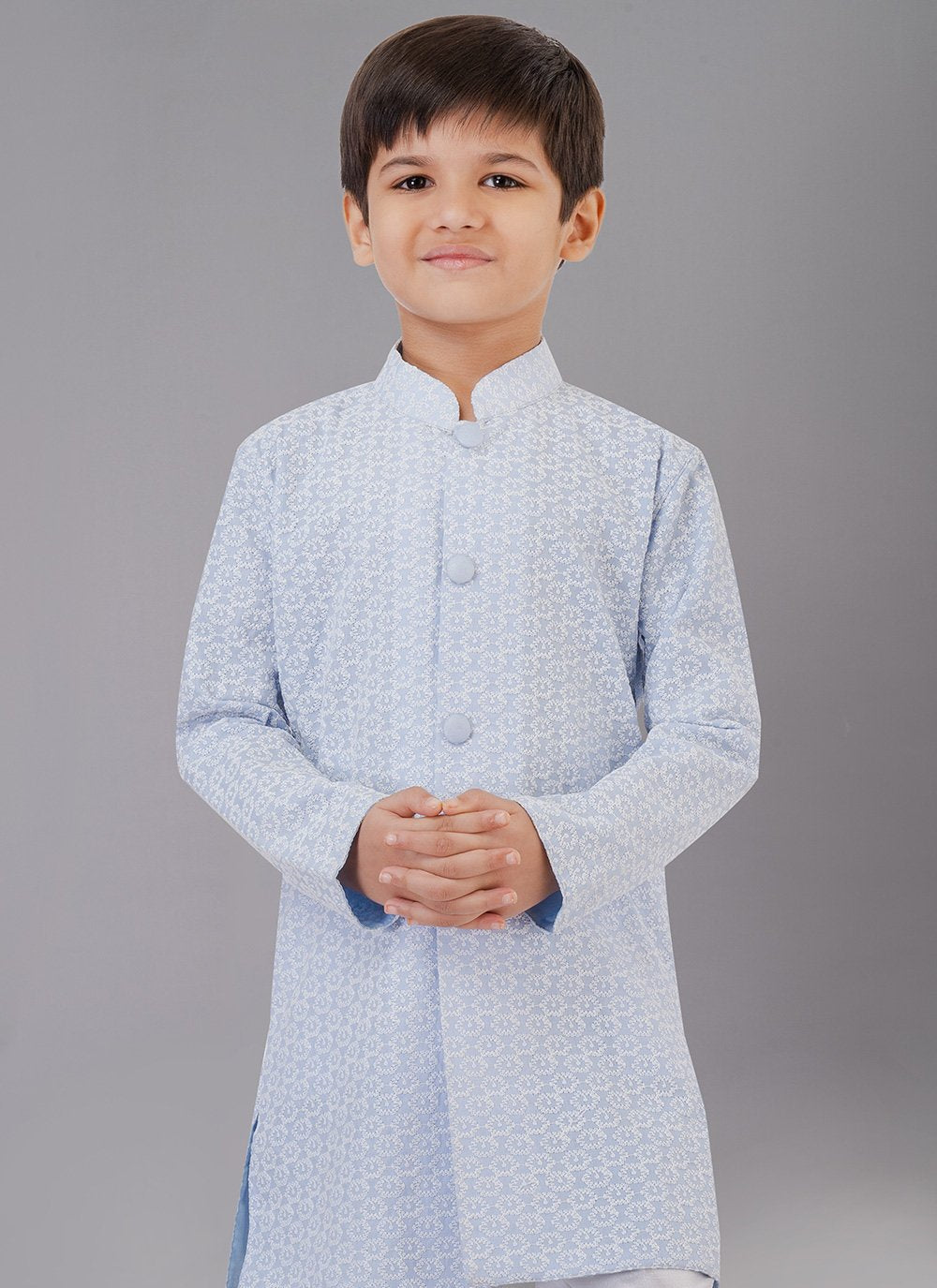 Kurta Pyjama Cotton Silk Aqua Blue Embroidered Kids