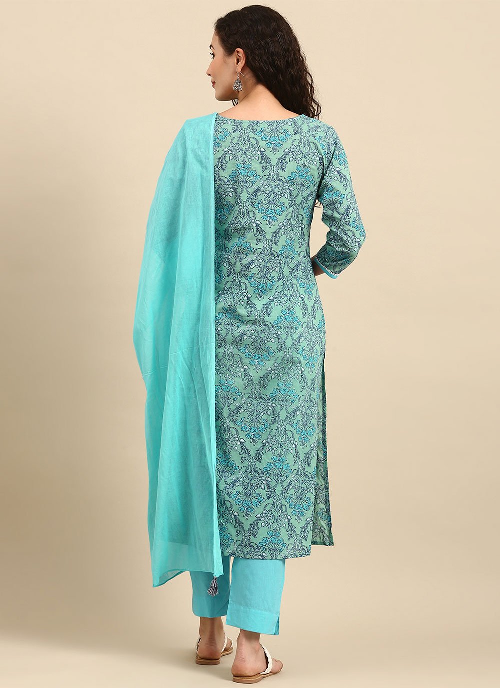 Straight Salwar Suit Cotton Turquoise Floral Patch Salwar Kameez