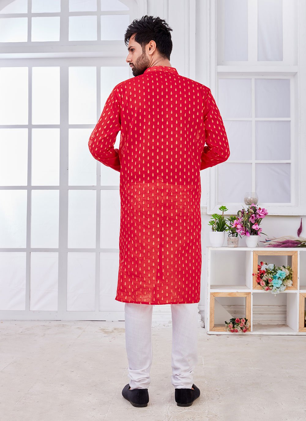 Kurta Cotton Red Weaving Mens