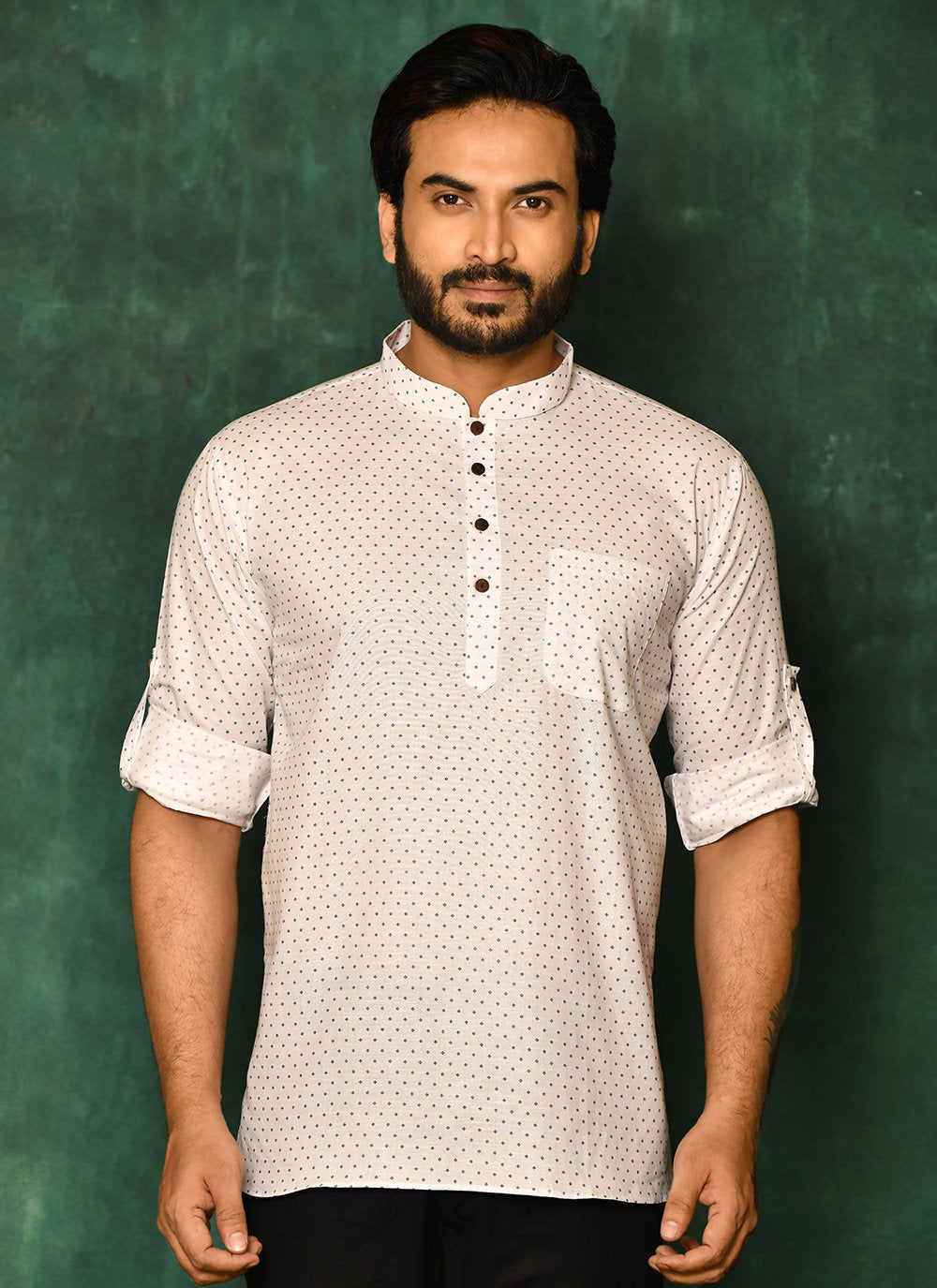 Short Kurta Cotton White Print Mens
