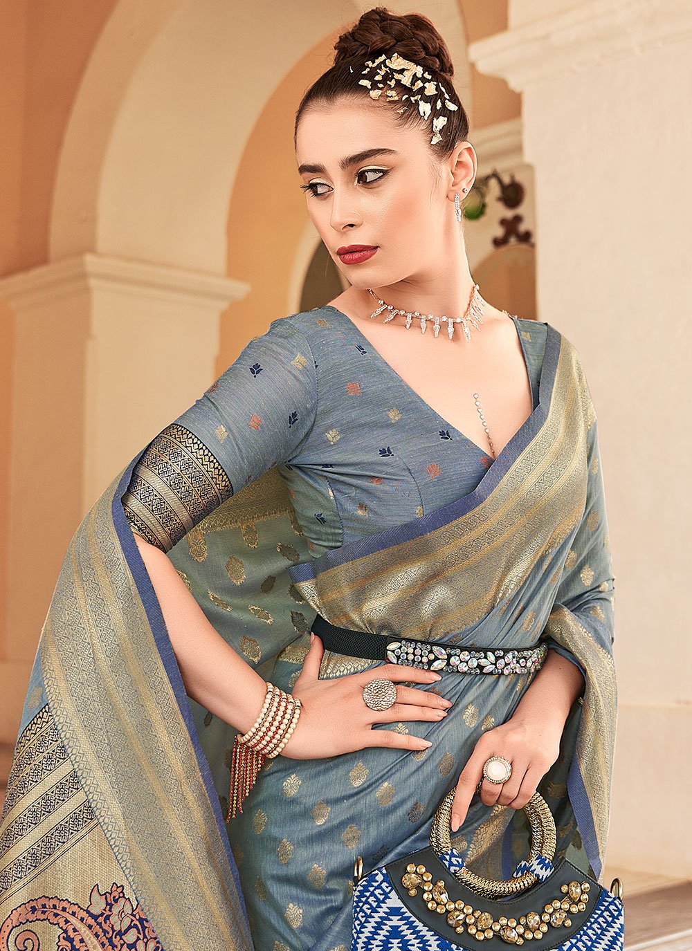 Classic Banarasi Silk Cotton Grey Woven Saree