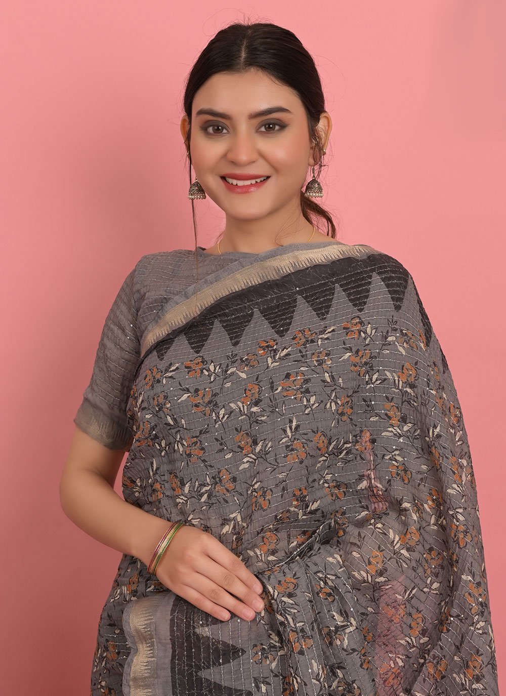 Designer Cotton Grey Embroidered Saree