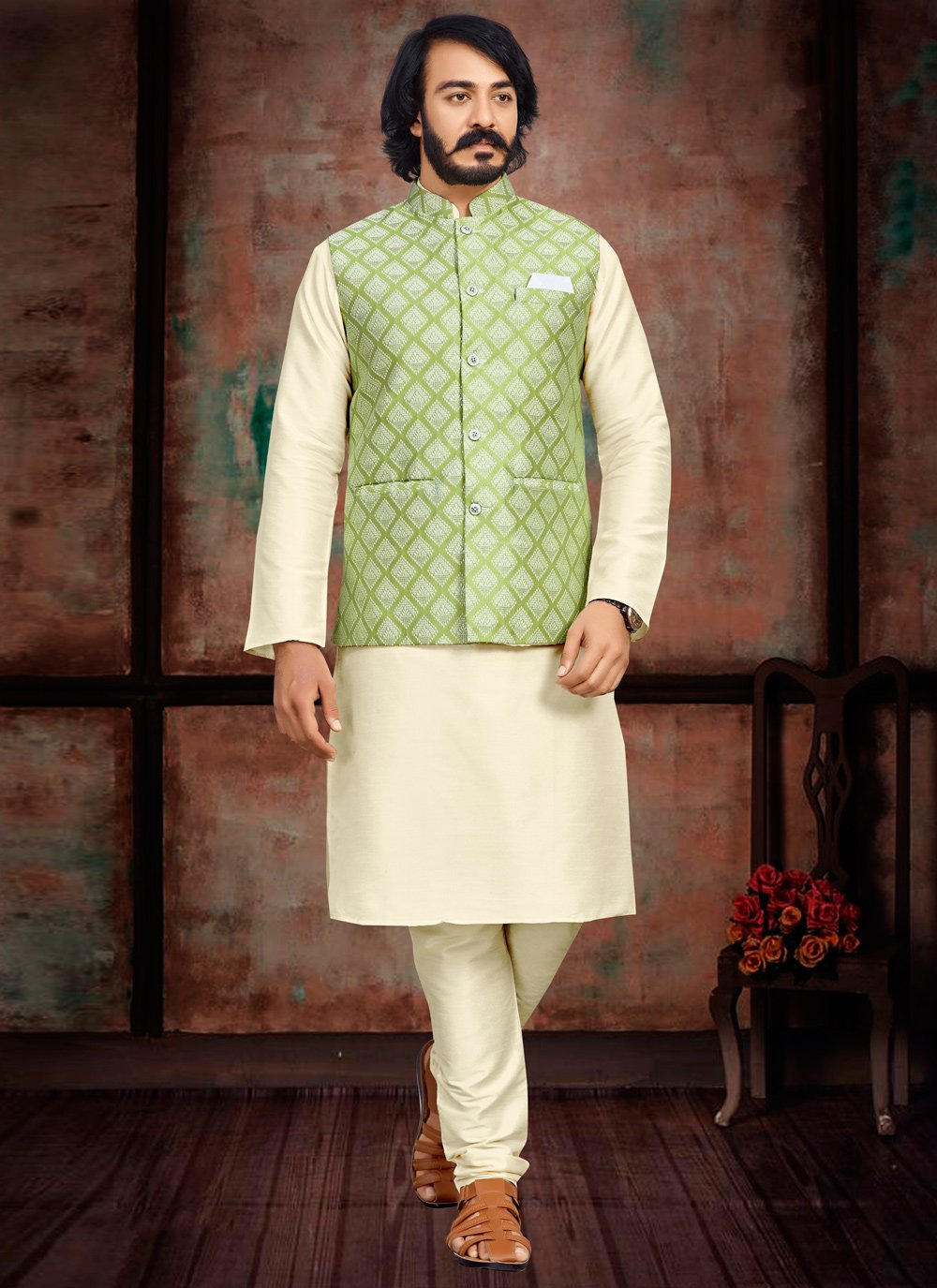 Kurta Payjama With Jacket Art Silk Jacquard Cream Green Fancy Work Mens