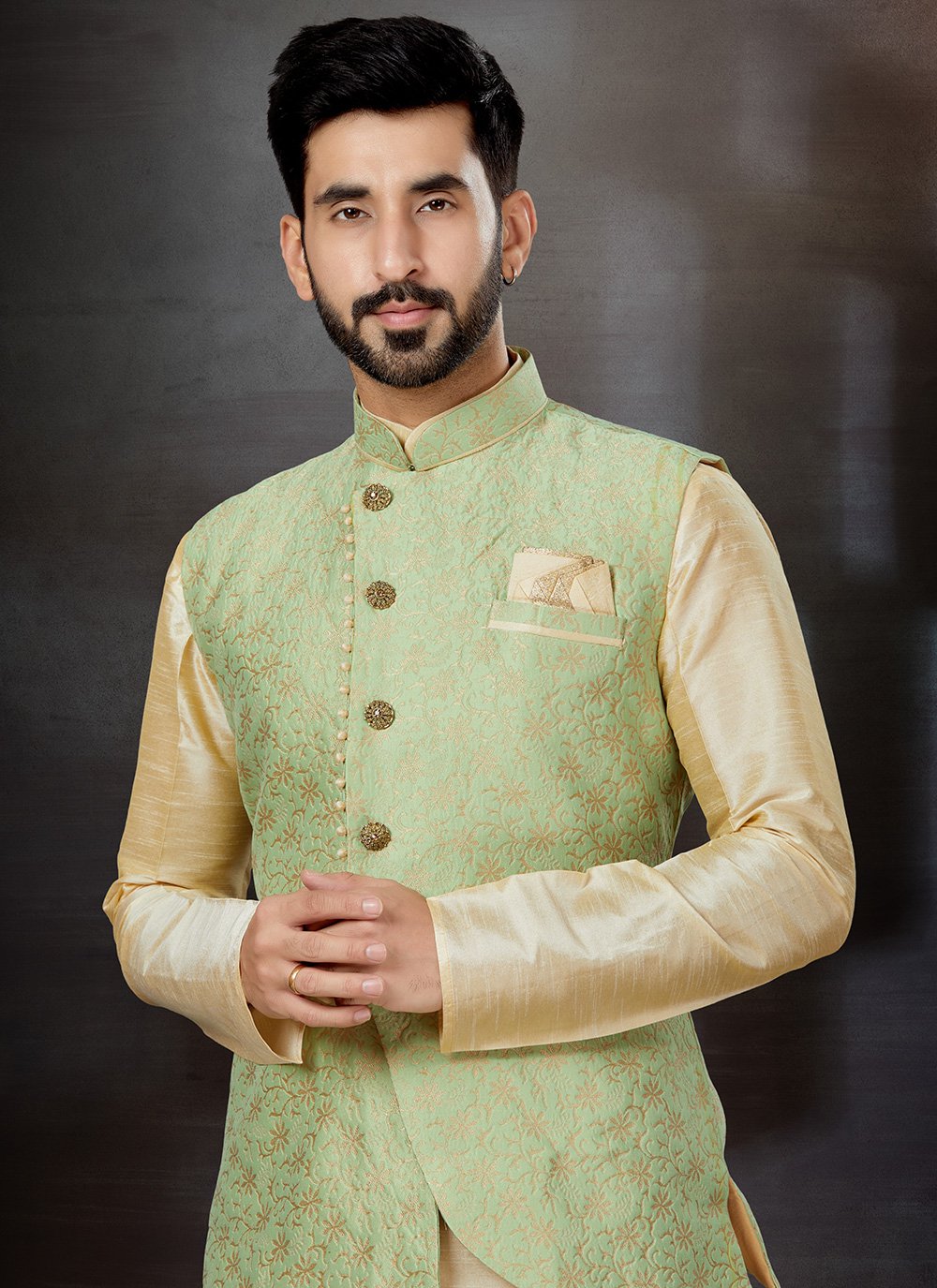 Kurta Payjama With Jacket Dupion Silk Jacquard Cream Green Embroidered Mens