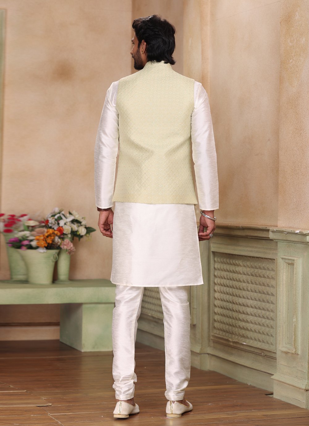 Kurta Payjama With Jacket Jacquard Silk Cream Green Fancy Work Mens